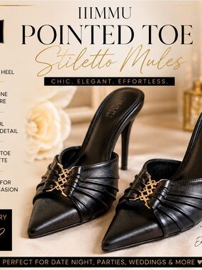 IIIMMU Black Pointed Toe Stiletto Mule Heels Gold Detail Size 7.5 NEW